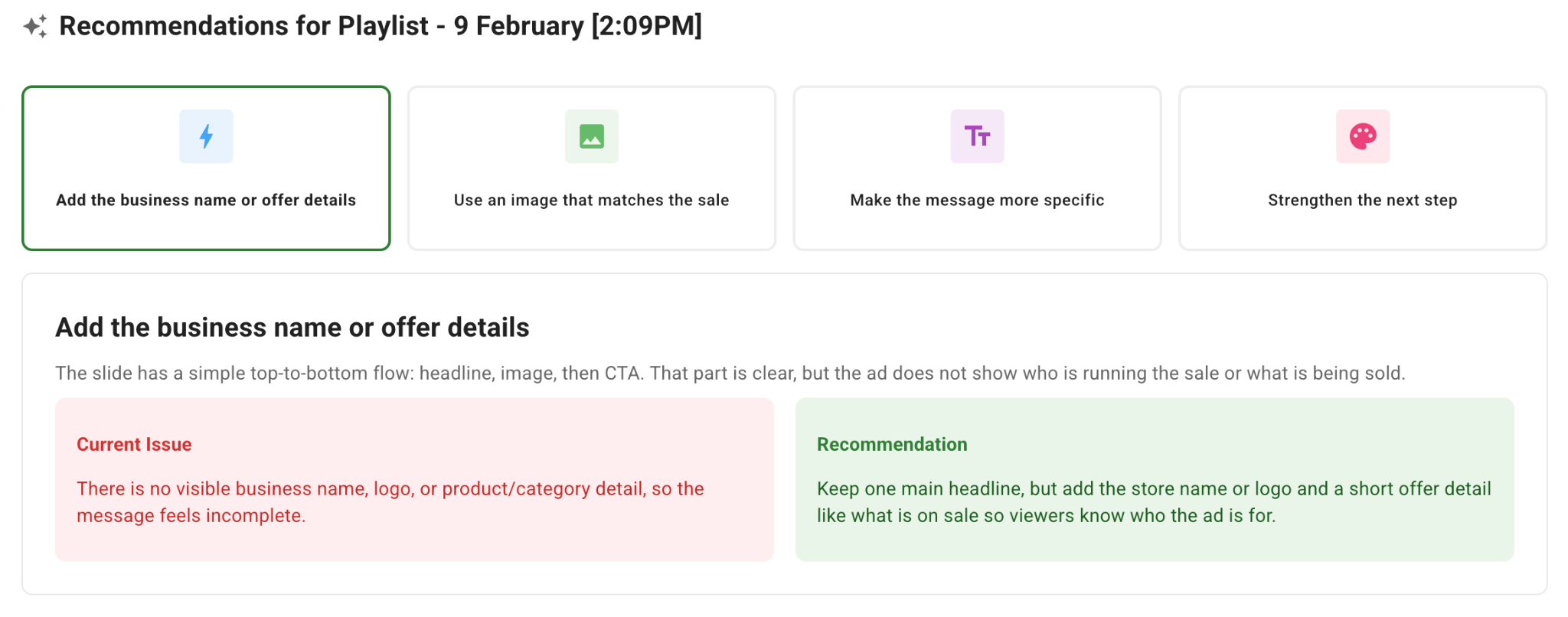 Content Grader recommendations: current issue and recommendation for adding the business name or offer details