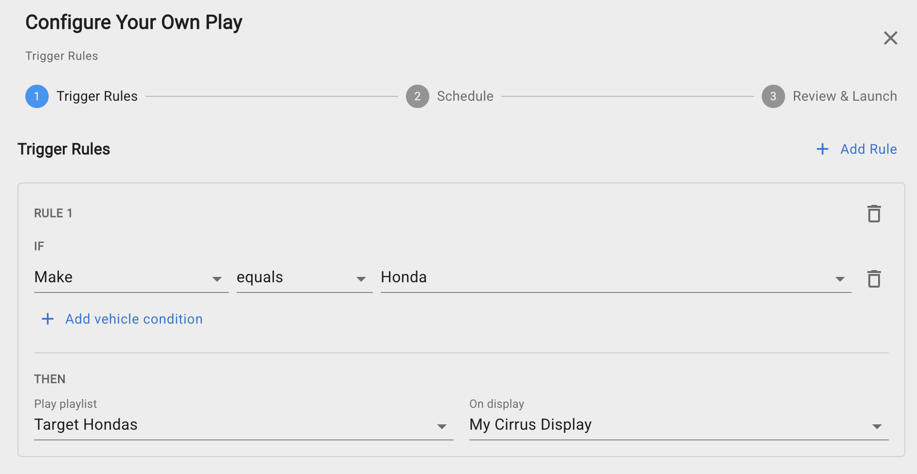 Configure Your Own Play: if vehicle make equals Honda, then play the Target Hondas playlist
