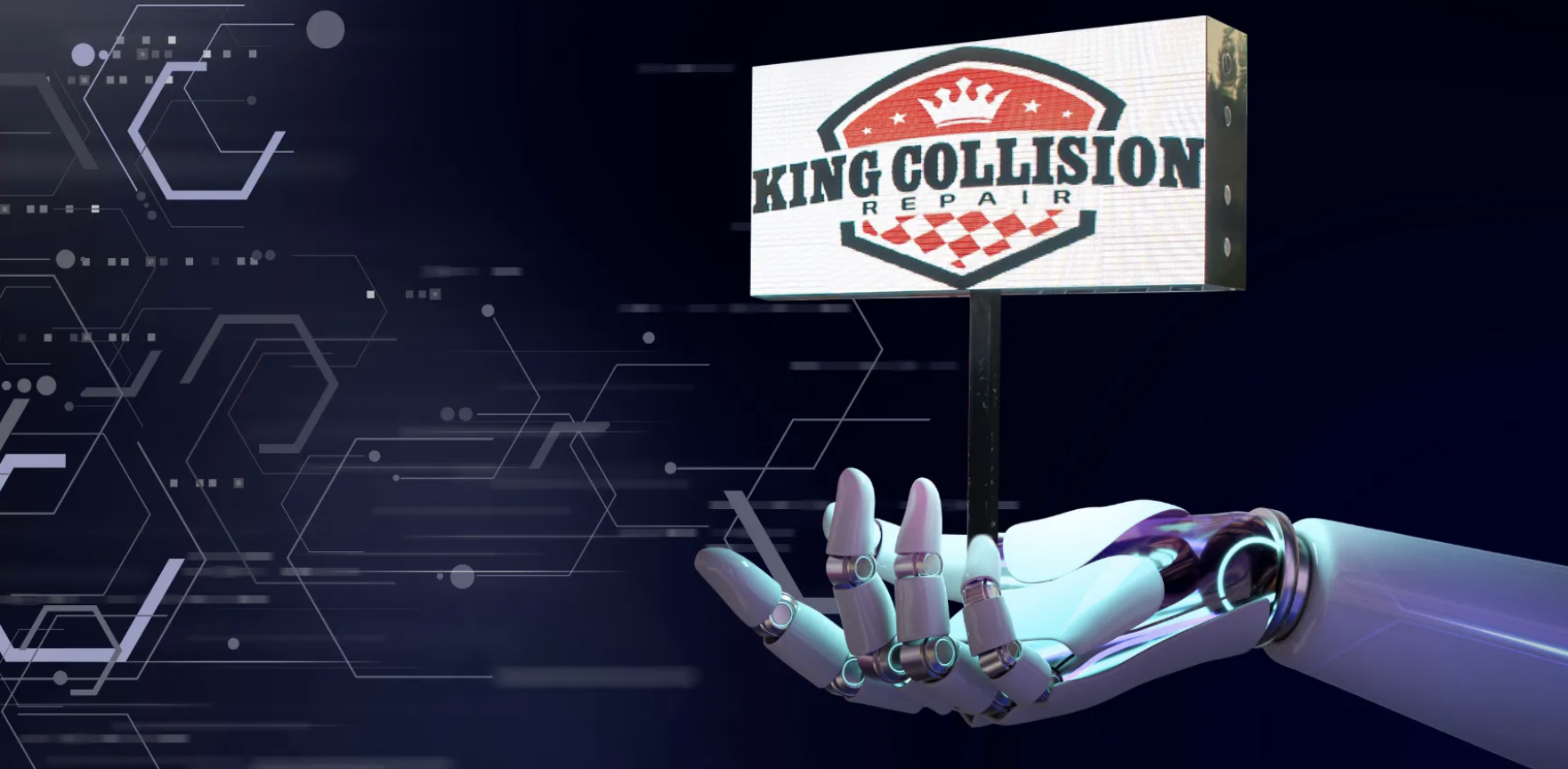 AI robot hand holding an outdoor LED sign
