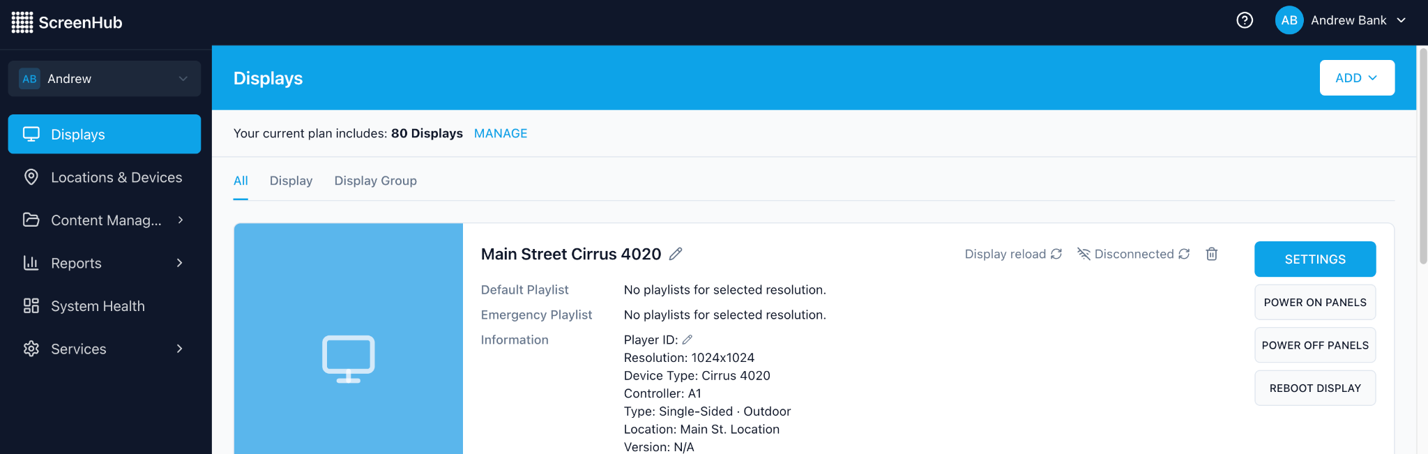 Managing a display in ScreenHub