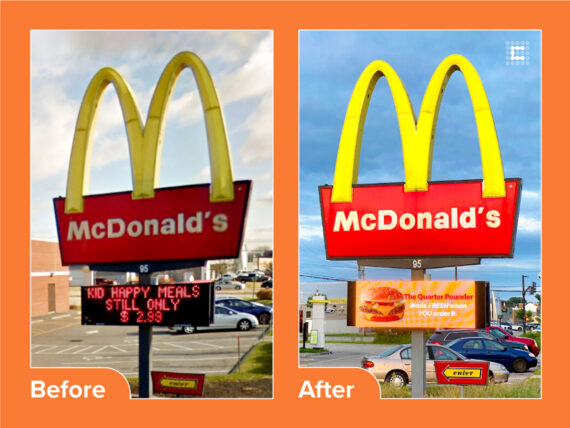 Image of McDonalds one color low resolution led display before and then a Cirrus 9mm high-resolution display after
